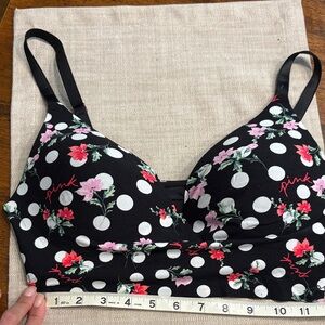PINK Victoria's Secret Black Polka Dot Bralette with Pink & Red Flowers Large